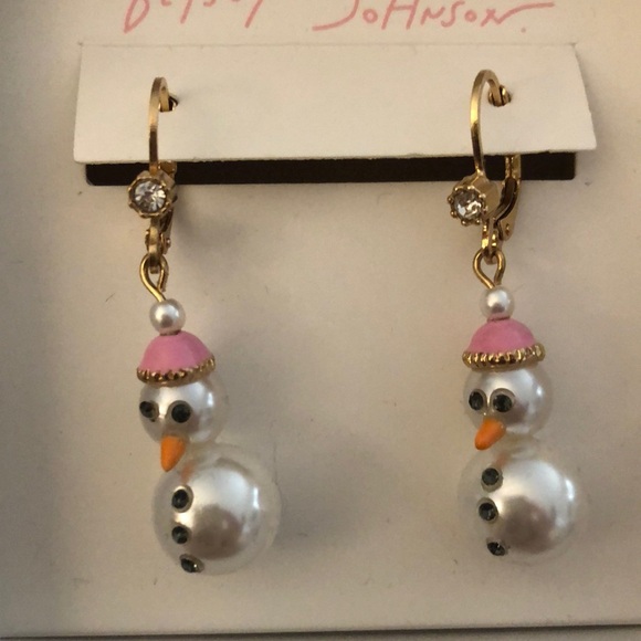 Betsey Johnson Gold Tone White Faux Pearl Snowman Drop Earrings Crystal NIB - Picture 9 of 12